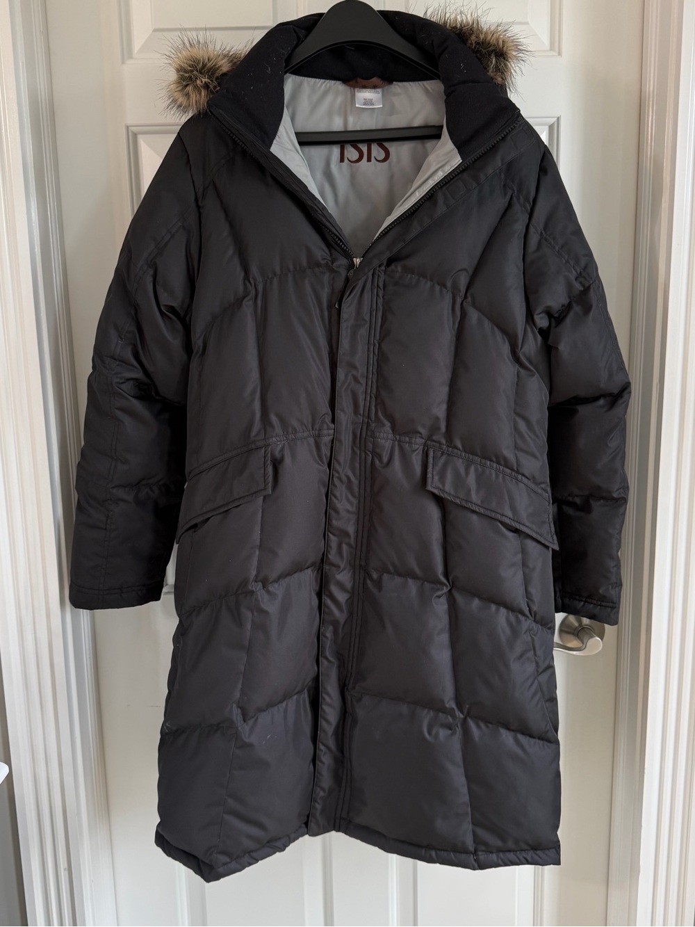 ISIS Snow Queen Women's Long Goose Down Parka Coat Black Size 10 Fur Trim Hood
